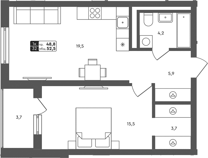 Планировка 1-к.кв, 52.5 м² в ЖК Совушки